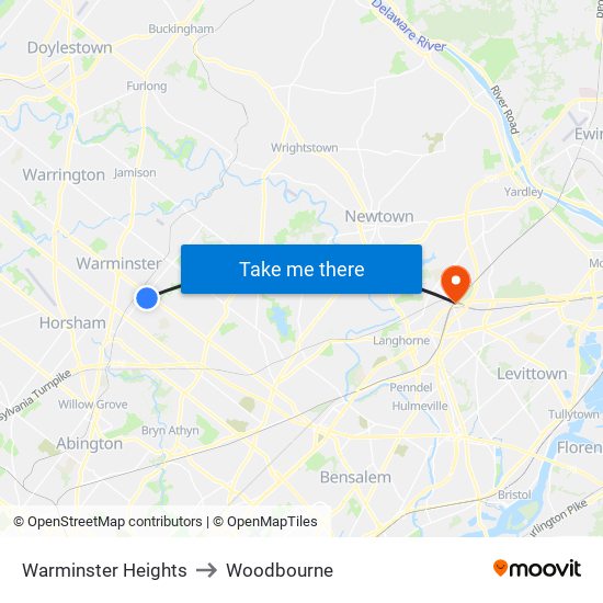 Warminster Heights to Woodbourne map
