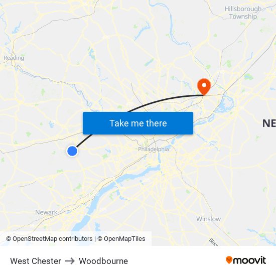West Chester to Woodbourne map