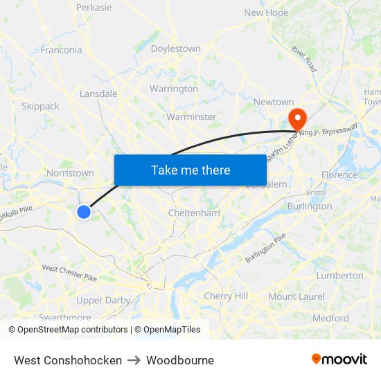 West Conshohocken to Woodbourne map