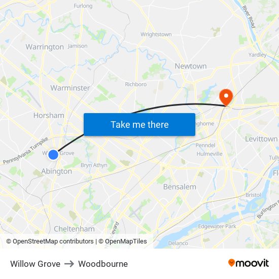 Willow Grove to Woodbourne map