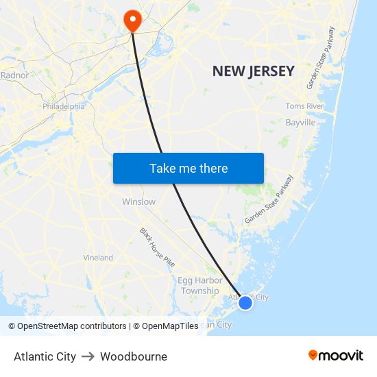Atlantic City to Woodbourne map