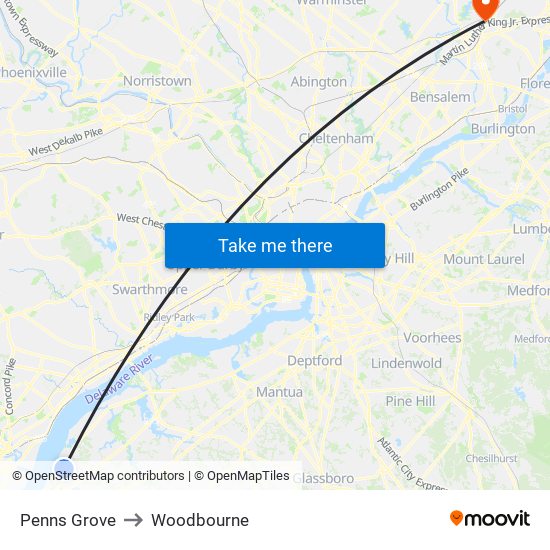 Penns Grove to Woodbourne map