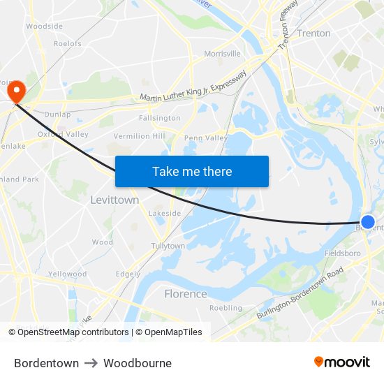 Bordentown to Woodbourne map