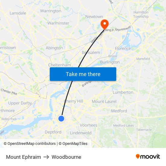 Mount Ephraim to Woodbourne map