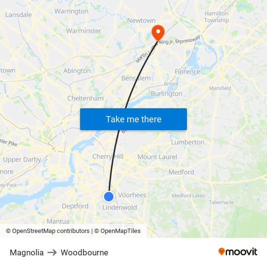 Magnolia to Woodbourne map