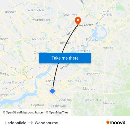 Haddonfield to Woodbourne map