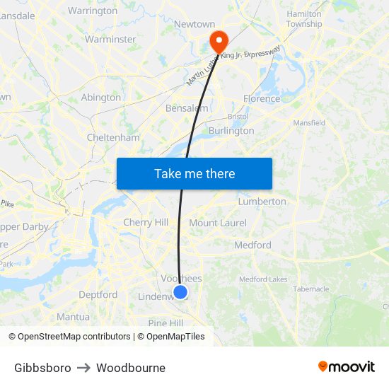 Gibbsboro to Woodbourne map