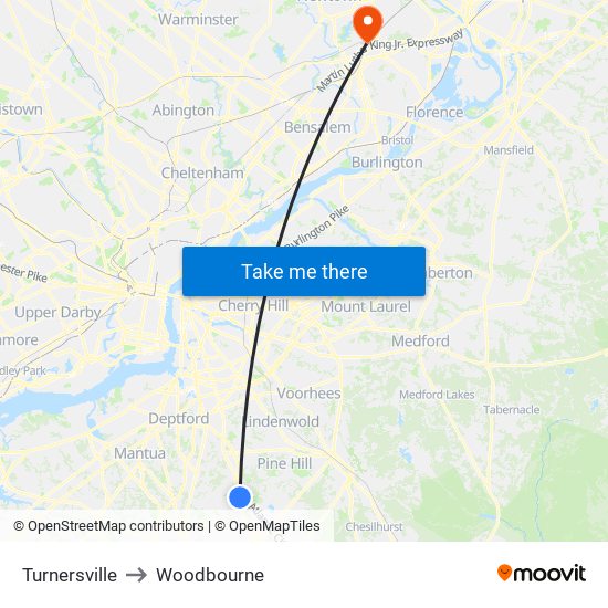 Turnersville to Woodbourne map
