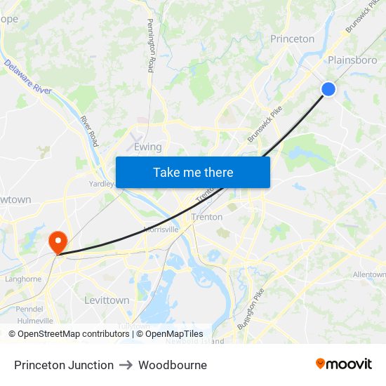 Princeton Junction to Woodbourne map