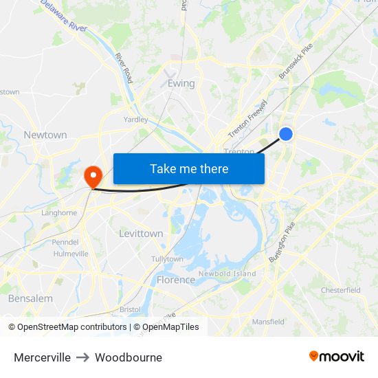 Mercerville to Woodbourne map