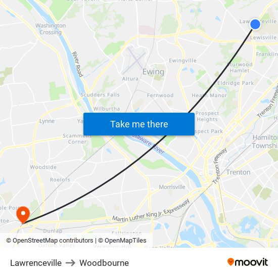 Lawrenceville to Woodbourne map