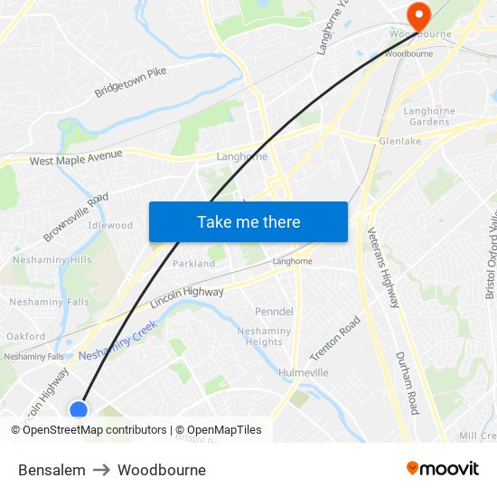 Bensalem to Woodbourne map