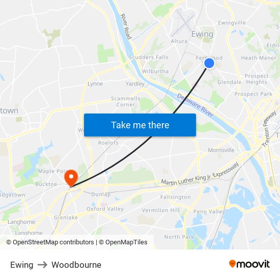 Ewing to Woodbourne map