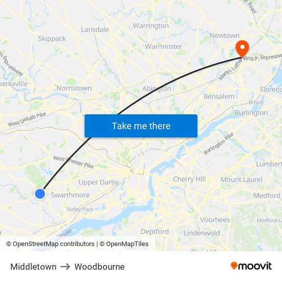 Middletown to Woodbourne map