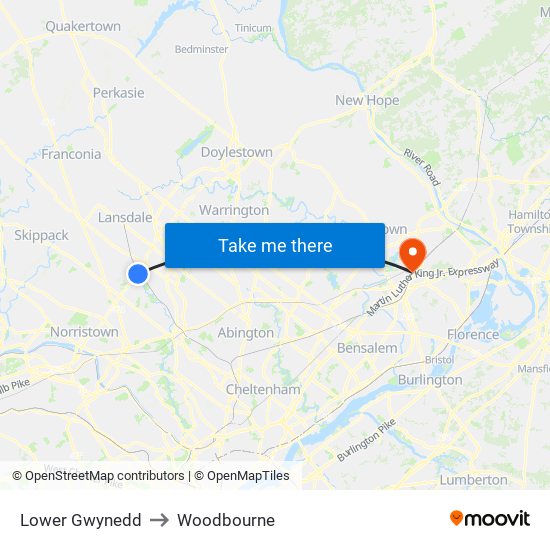 Lower Gwynedd to Woodbourne map