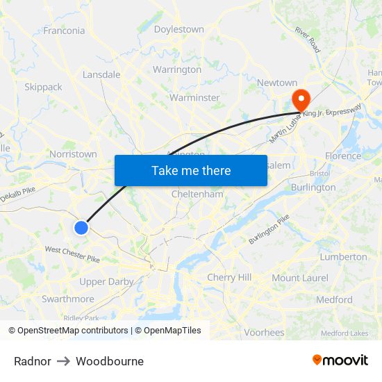 Radnor to Woodbourne map
