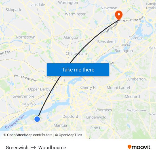 Greenwich to Woodbourne map