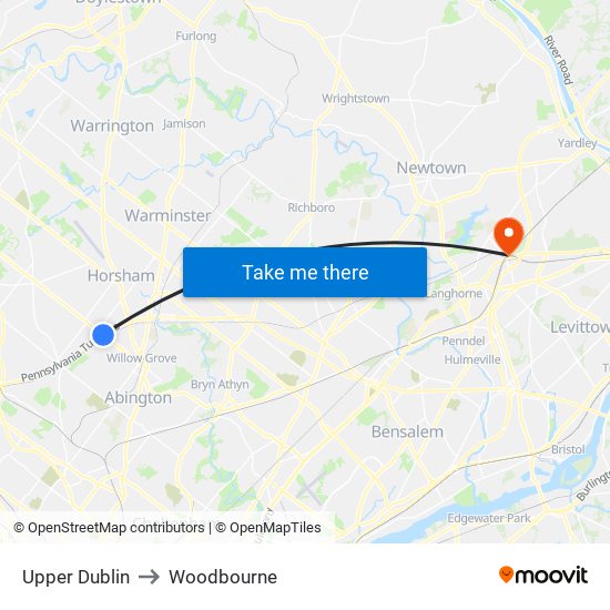 Upper Dublin to Woodbourne map
