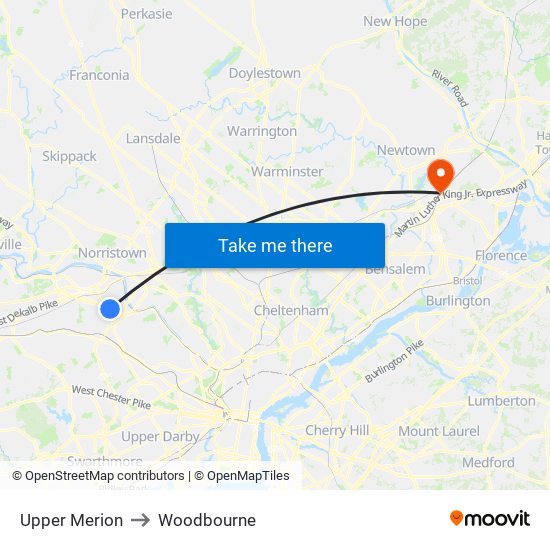Upper Merion to Woodbourne map