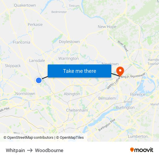 Whitpain to Woodbourne map