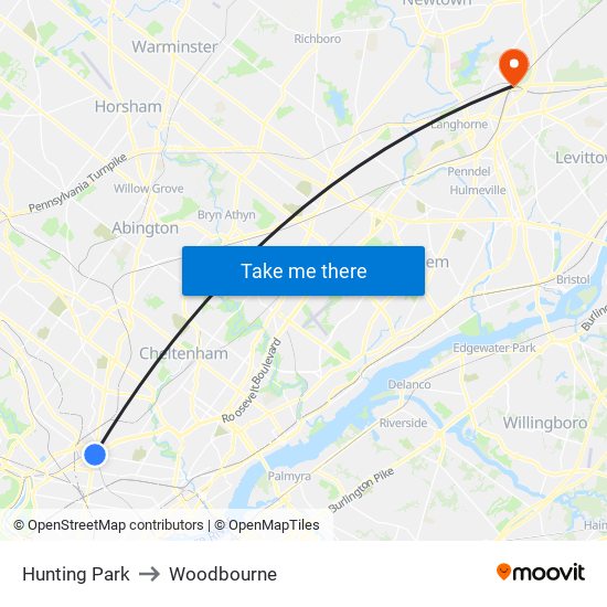 Hunting Park to Woodbourne map