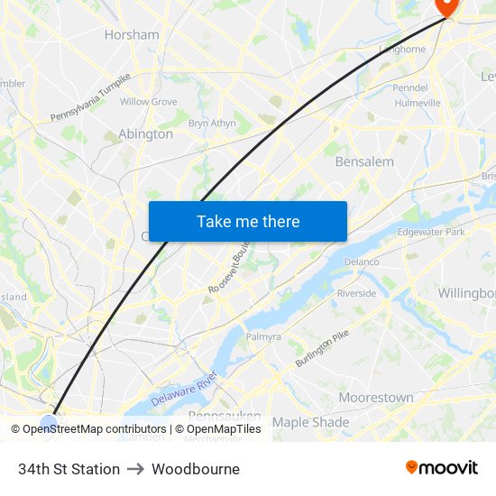 34th St Station to Woodbourne map