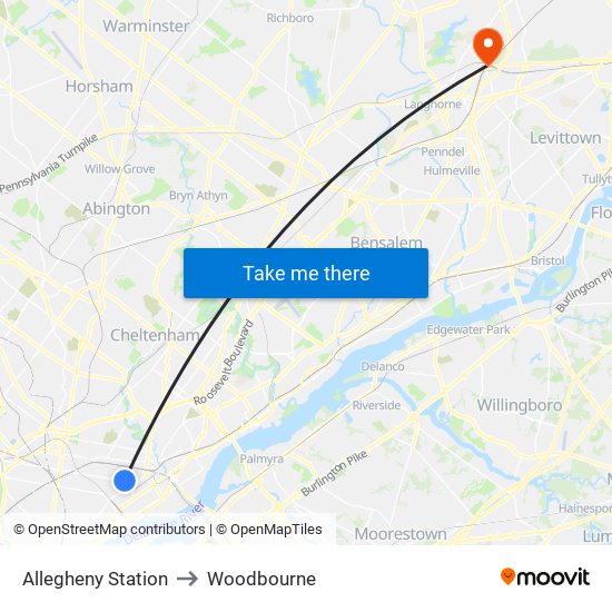 Allegheny Station to Woodbourne map