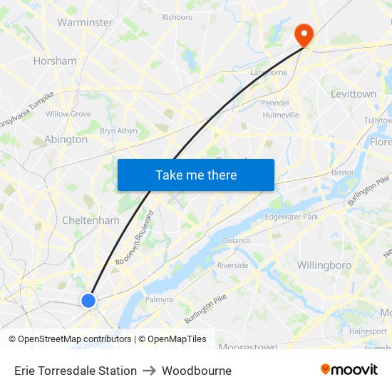 Erie Torresdale Station to Woodbourne map