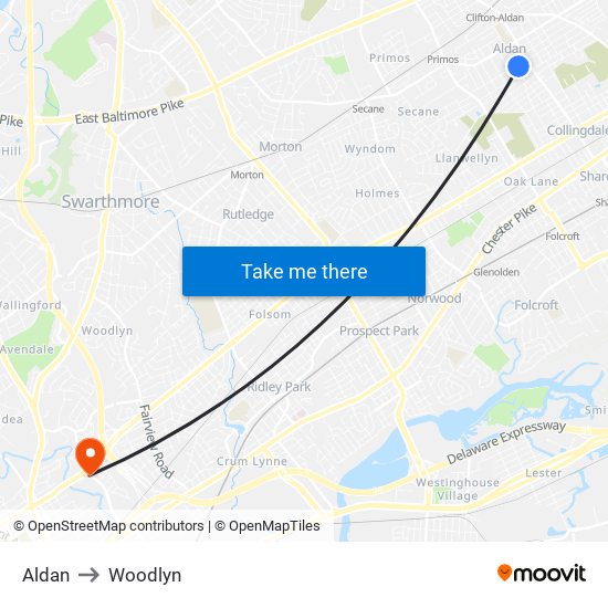 Aldan to Woodlyn map