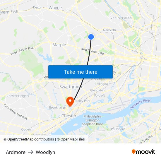 Ardmore to Woodlyn map