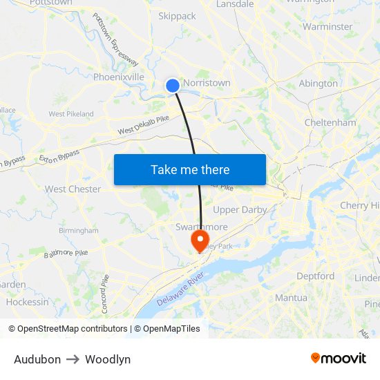 Audubon to Woodlyn map