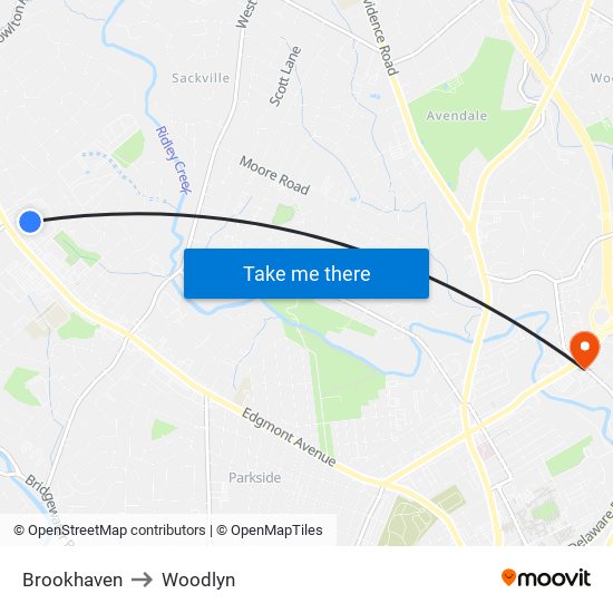 Brookhaven to Woodlyn map