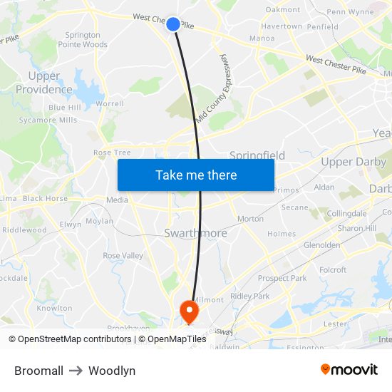 Broomall to Woodlyn map