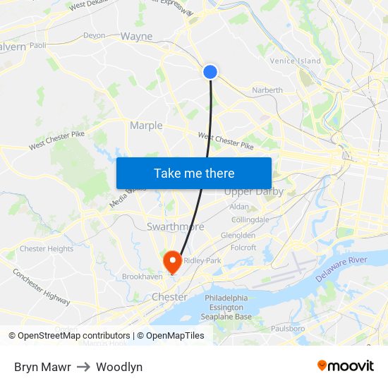 Bryn Mawr to Woodlyn map