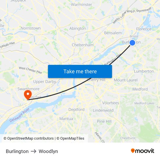 Burlington to Woodlyn map