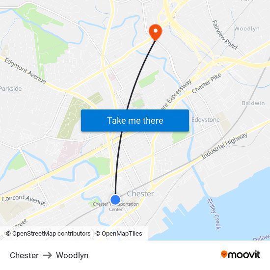 Chester to Woodlyn map