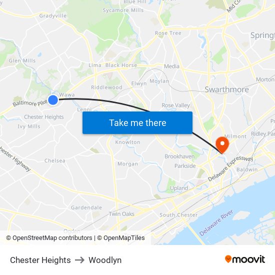Chester Heights to Woodlyn map