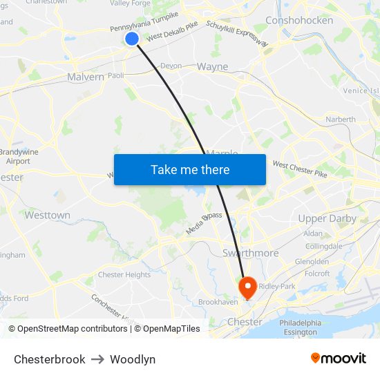 Chesterbrook to Woodlyn map