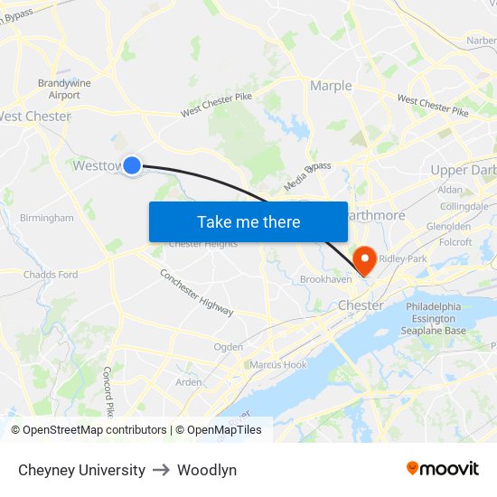 Cheyney University to Woodlyn map