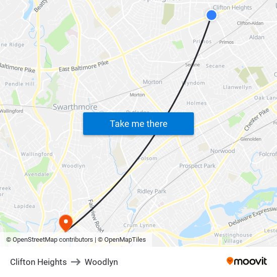 Clifton Heights to Woodlyn map