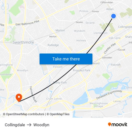 Collingdale to Woodlyn map