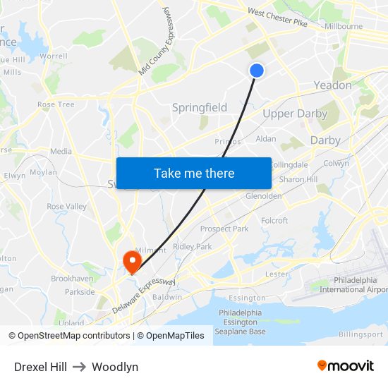 Drexel Hill to Woodlyn map