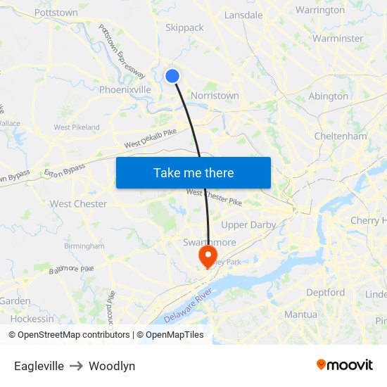 Eagleville to Woodlyn map
