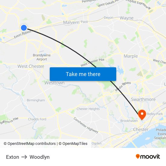 Exton to Woodlyn map