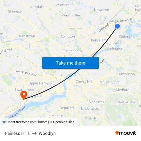 Fairless Hills to Woodlyn map