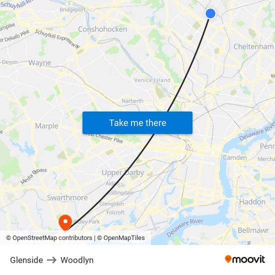 Glenside to Woodlyn map