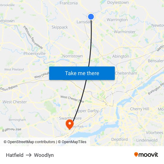 Hatfield to Woodlyn map