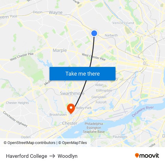 Haverford College to Woodlyn map