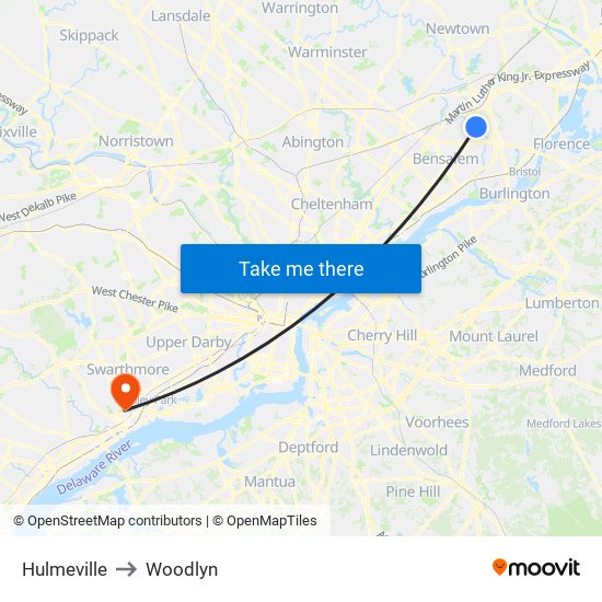Hulmeville to Woodlyn map
