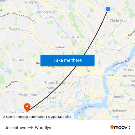 Jenkintown to Woodlyn map